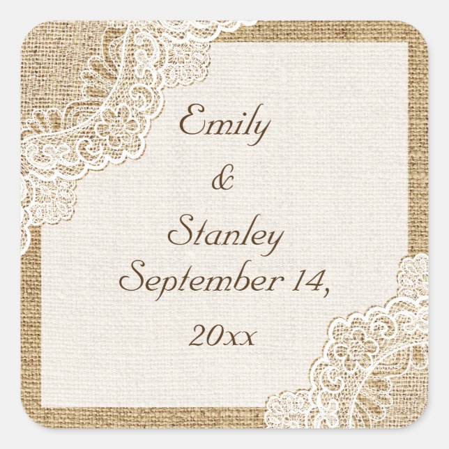 Rustic white lace on burlap wedding Save the Date Square Sticker (Front)
