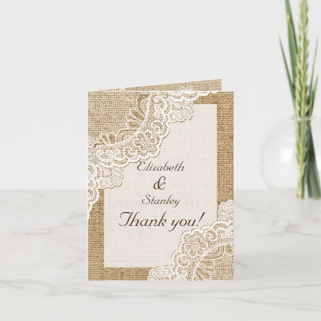 Rustic white lace on burlap wedding Thank You (Front)