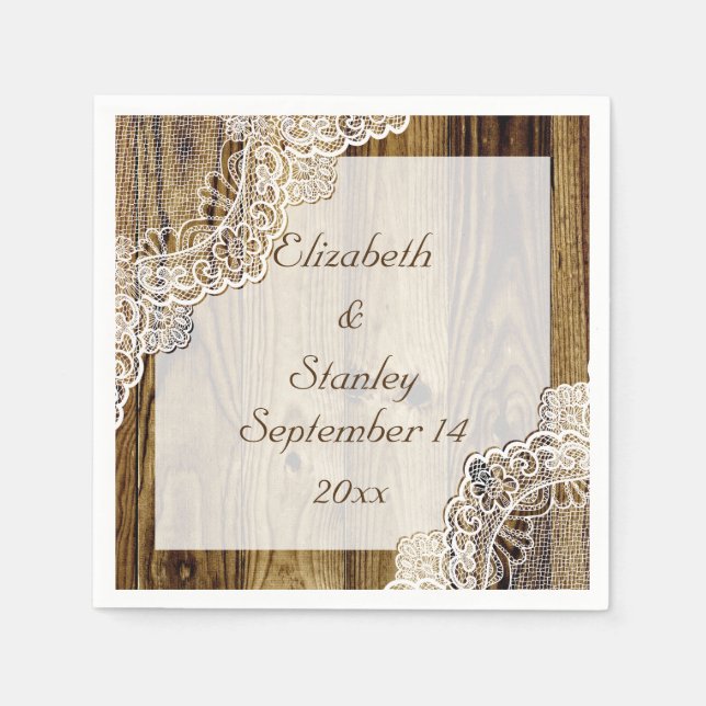 Rustic white lace on wood rustic wedding napkin (Front)