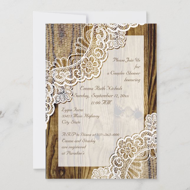 Rustic white lace on wood wedding couples shower invitation (Front)