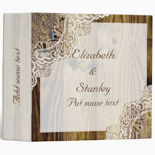 Rustic white lace on wood wedding planner binder