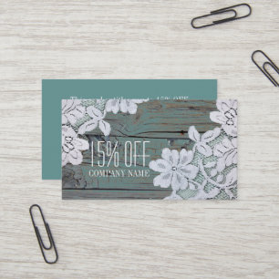 Rustic White Lace Teal Barn Wood Discount Business Card