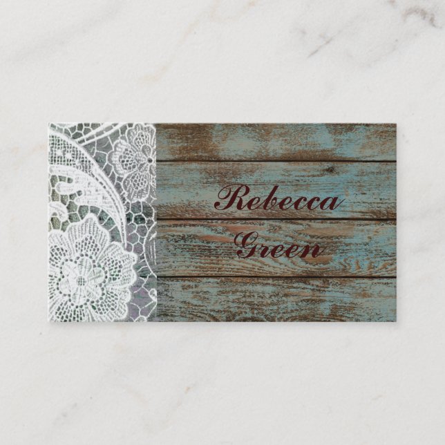 rustic white lace teal barn wood wedding business card (Front)