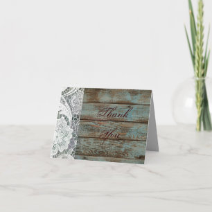 rustic white lace teal barn wood wedding thank you card