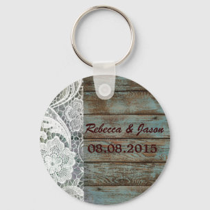 rustic white lace teal barn wood wedding thank you keychain