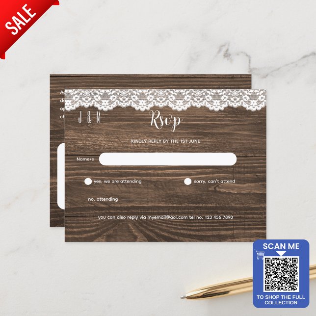Rustic White Lace Wedding RSVP For Matching Inv Postcard (Creator Uploaded)