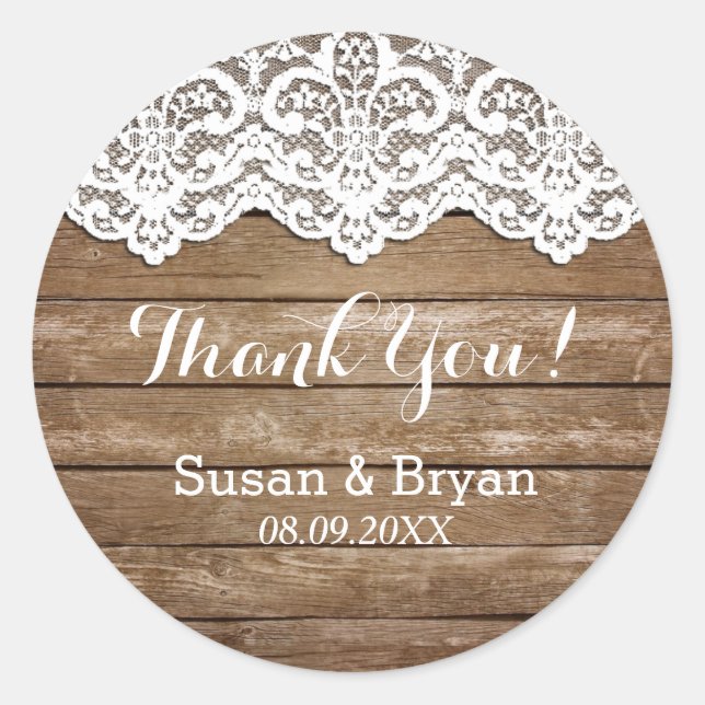 Rustic White Lace & Wood Thank You Sticker (Front)