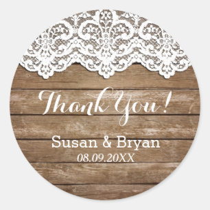 Rustic White Lace & Wood Thank You Sticker