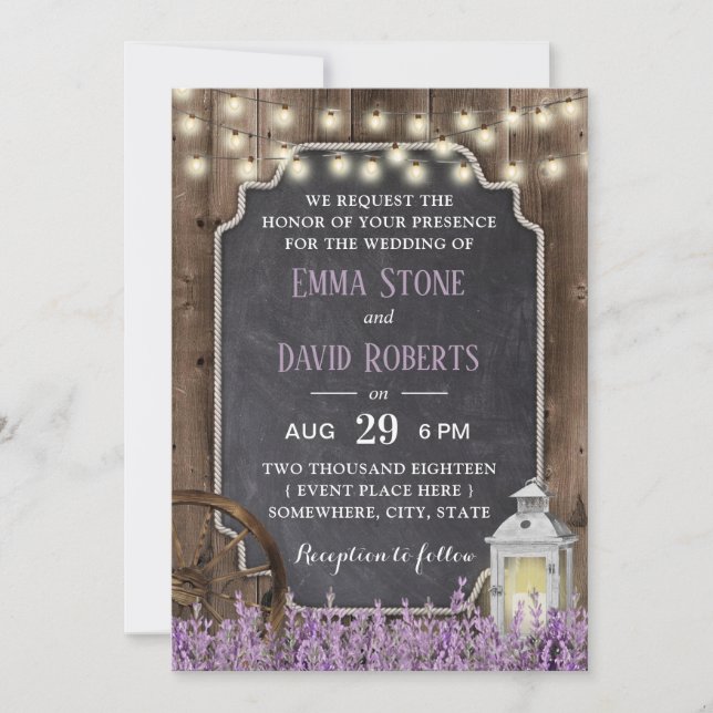 Rustic White Lantern Lavender Floral Wedding Invitation (Front)