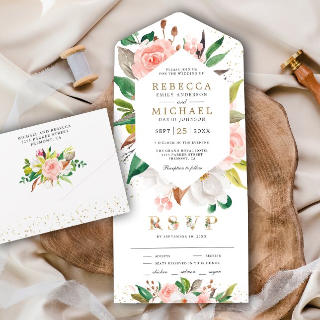 Rustic White Magnolia Blush Pink Floral Wedding All In One Invitation (Creator Uploaded)
