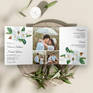 Rustic White Magnolia Floral Photo Collage Wedding Tri-Fold Invitation