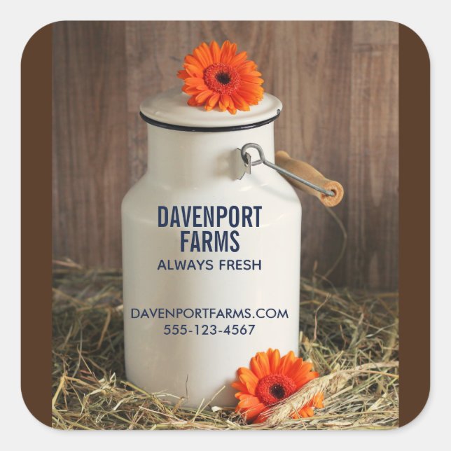 Rustic White Milk Jug with Flowers Farm Business Square Sticker (Front)