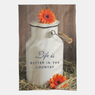 Rustic White Milk Jug with Flowers Kitchen Towel