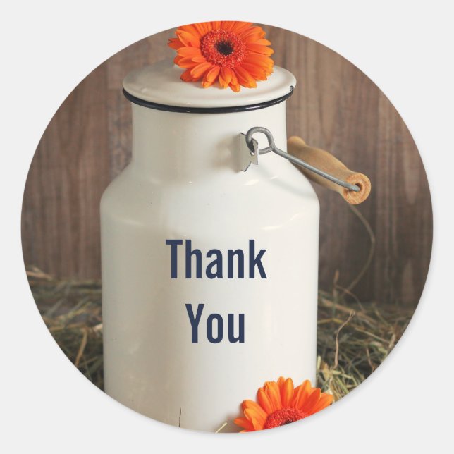 Rustic White Milk Jug with Flowers Thank You Classic Round Sticker (Front)