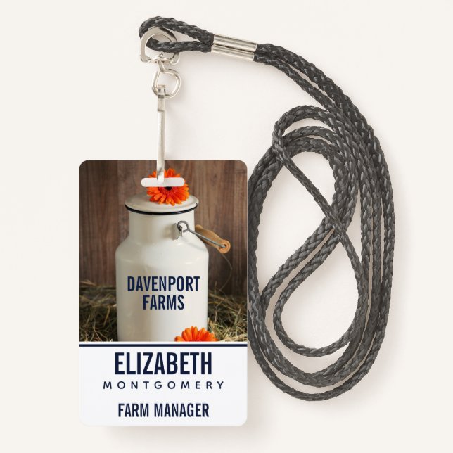 Rustic White Milk Jug with Orange Flowers Photo Badge (Front with Lanyard)