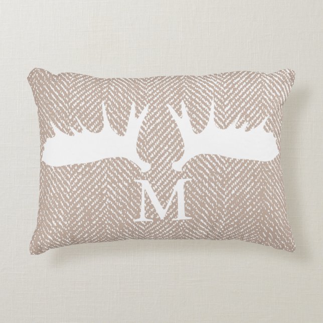 Rustic White Moose Antlers & Taupe Herringbone Accent Pillow (Front)