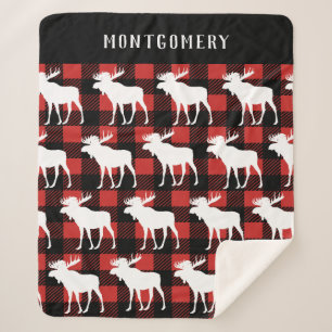 Rustic White Moose & Buffalo Check Plaid Sherpa Blanket