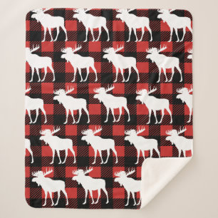 Rustic White Moose & Buffalo Check Plaid Sherpa Blanket