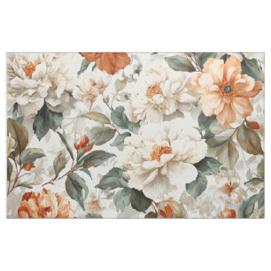 Rustic White Orange Botanical Vintage Boho Floral Fabric