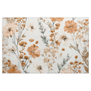 Rustic White Orange Botanical Vintage Boho Floral Fabric