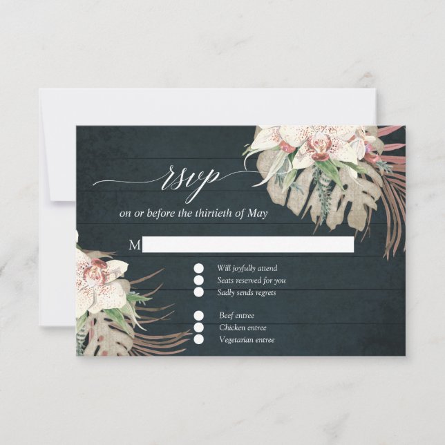 Rustic White Orchid Tropical Floral Navy Wood RSVP (Front)