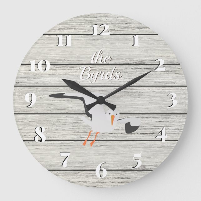 Rustic White Painted Board Coastal Seagull Large Clock (Front)