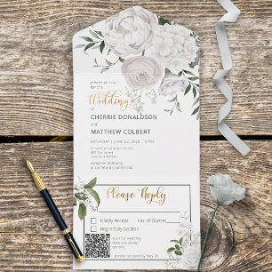 Rustic White Peonies Floral White QR Code All In One Invitation