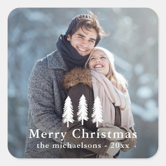Rustic White Pine Trees Christmas Holiday Photo Square Sticker (Front)