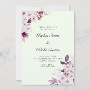 Rustic White Pink Flowers Boho Light Green Wedding Invitation