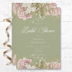 Rustic White & Pink Hydrangea Green Bridal Shower Invitation