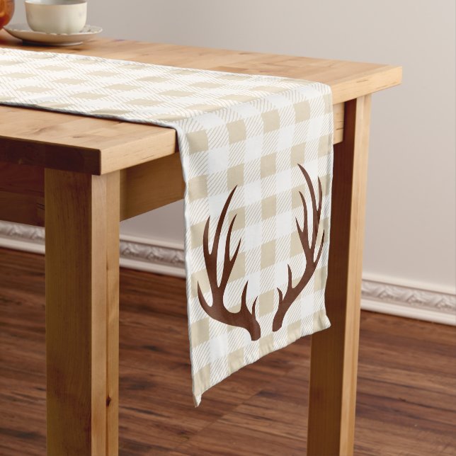 Rustic White Plaid Brown Deer Antlers Long Table Runner (In Situ)