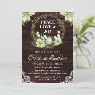 Rustic White Poinsettia and Robin Christmas Invitation