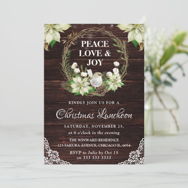 Rustic White Poinsettia and Robin Christmas Invitation (Standing Front)