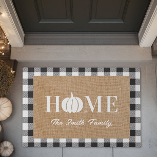 Rustic White Pumpkin Family Name Welcome Doormat