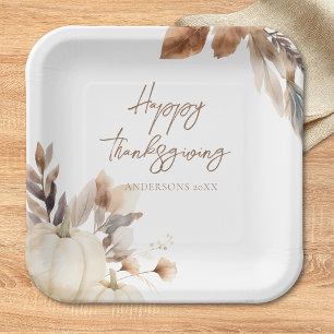 Rustic White Pumpkin Thanksgiving Paper Plate