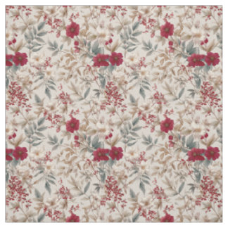 Rustic White Red Botanical Pastel Vintage Floral Fabric