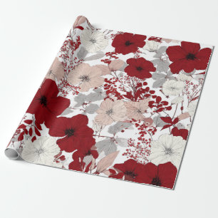 Rustic White Red Botanical Pastel Vintage Floral Wrapping Paper