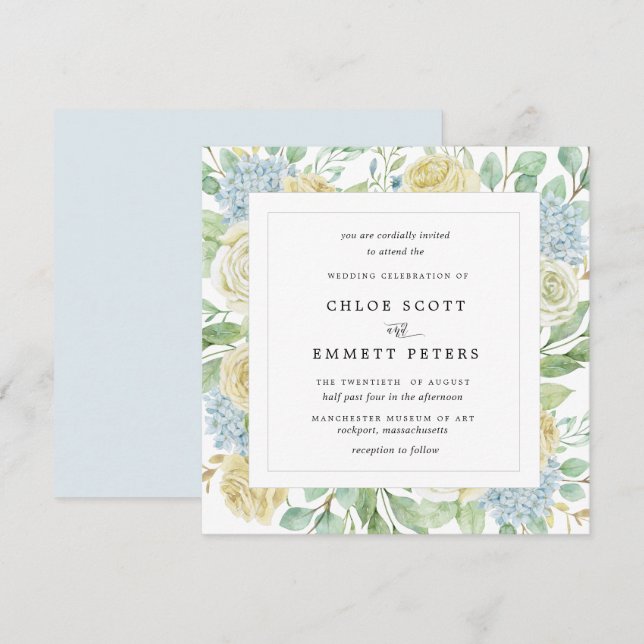 Rustic White Rose Blue Hydrangea Square Wedding Invitation (Front/Back)