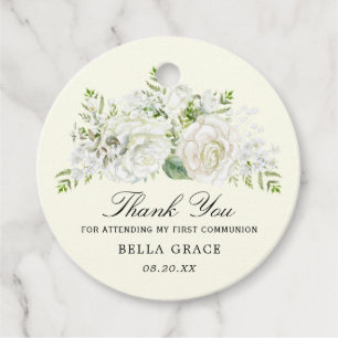 Rustic White Rose Floral First Communion Thank You Favour Tags