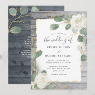 Rustic White Rose Gold Floral Greenery Wedding Invitation