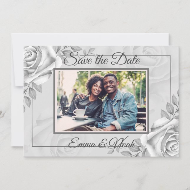 Rustic White Rose Photo Template Save the Date (Front)