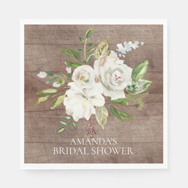 Rustic White Roses BRIDAL Shower Paper Napkins (Front)