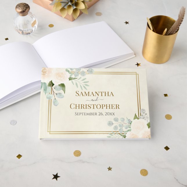 Rustic White Roses & Eucalyptus Elegant Wedding Guest Book (Front Open)