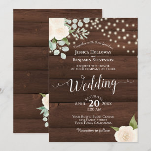 Rustic White Roses & Lights on Barn Wood Wedding Invitation