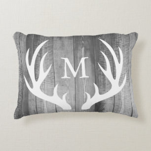 Rustic White Silhouette Buck Antlers & Grey Wood Accent Pillow