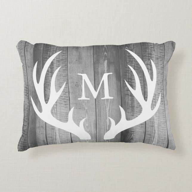 Rustic White Silhouette Buck Antlers & Grey Wood Accent Pillow (Front)