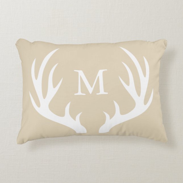 Rustic White Silhouette Buck Antlers & Taupe Accent Pillow (Front)