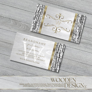 Rustic White Tree Bark Grain Gold Border Monogram Business Card