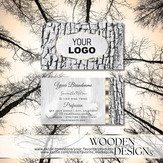 Rustic White Tree Bark Grain Oval Gold Border Logo Business Card (Creator Uploaded)