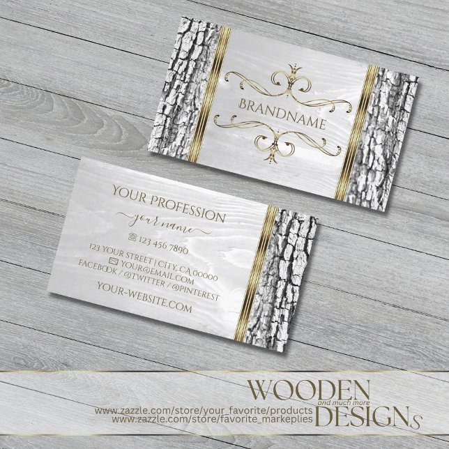 Rustic White Tree Bark Wood Grain with Gold Border Business Card (Creator Uploaded)